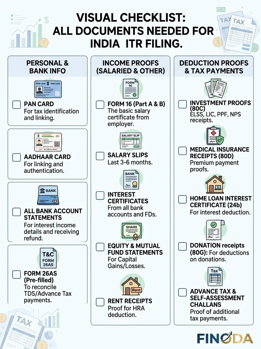 Documents required ITR filing India Form 16 AIS checklist 2026