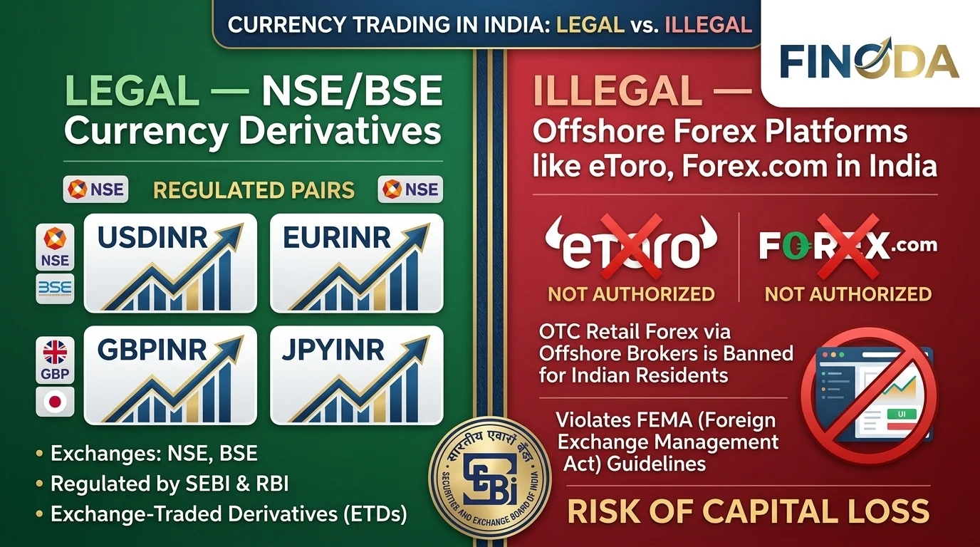 Is forex trading legal in India — NSE currency derivatives USD INR EUR INR legal vs illegal infographic