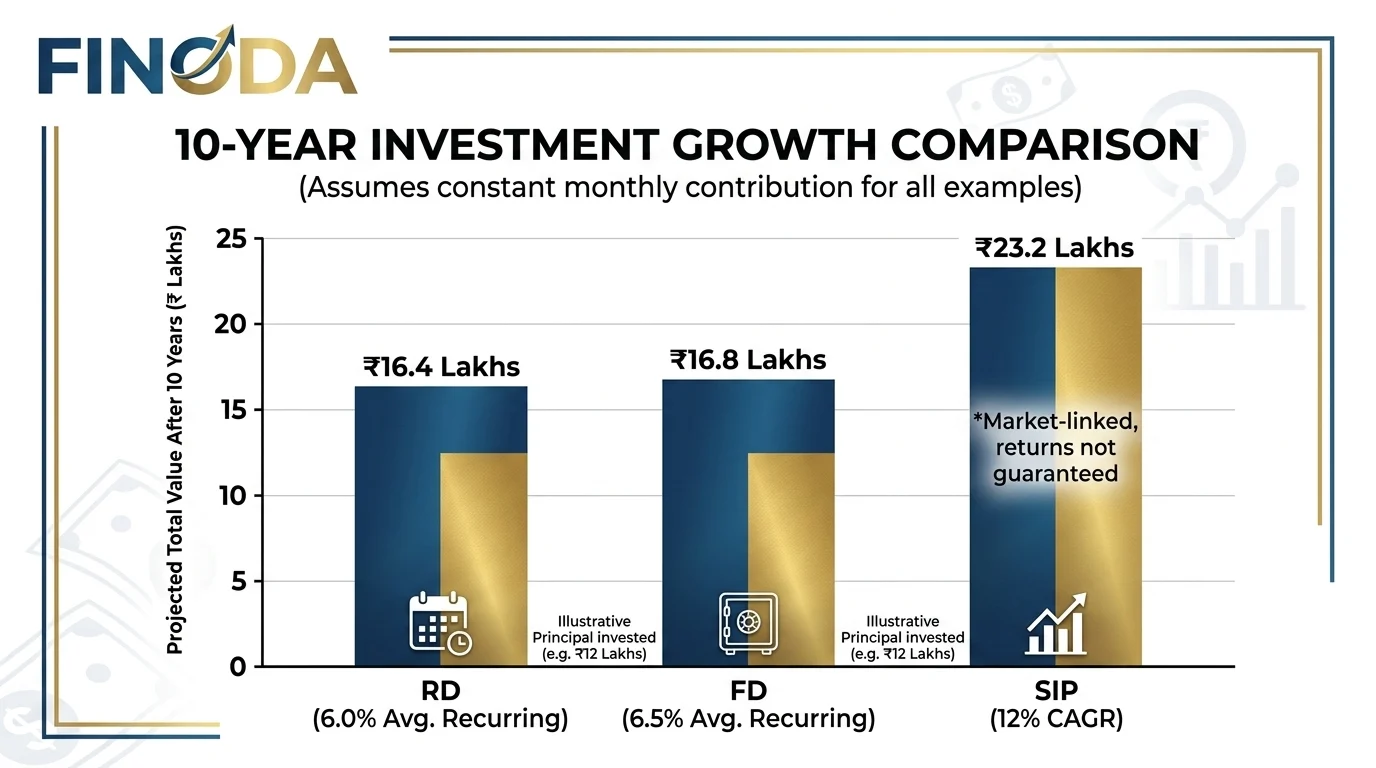 SIP vs FD vs RD India comparison returns 10 years chart