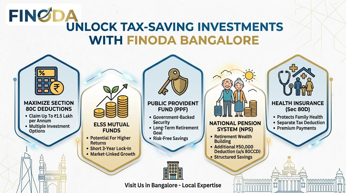 Tax-Saving Investments India 2026 — ELSS PPF NPS Section 80C Guide | Finoda Bangalore